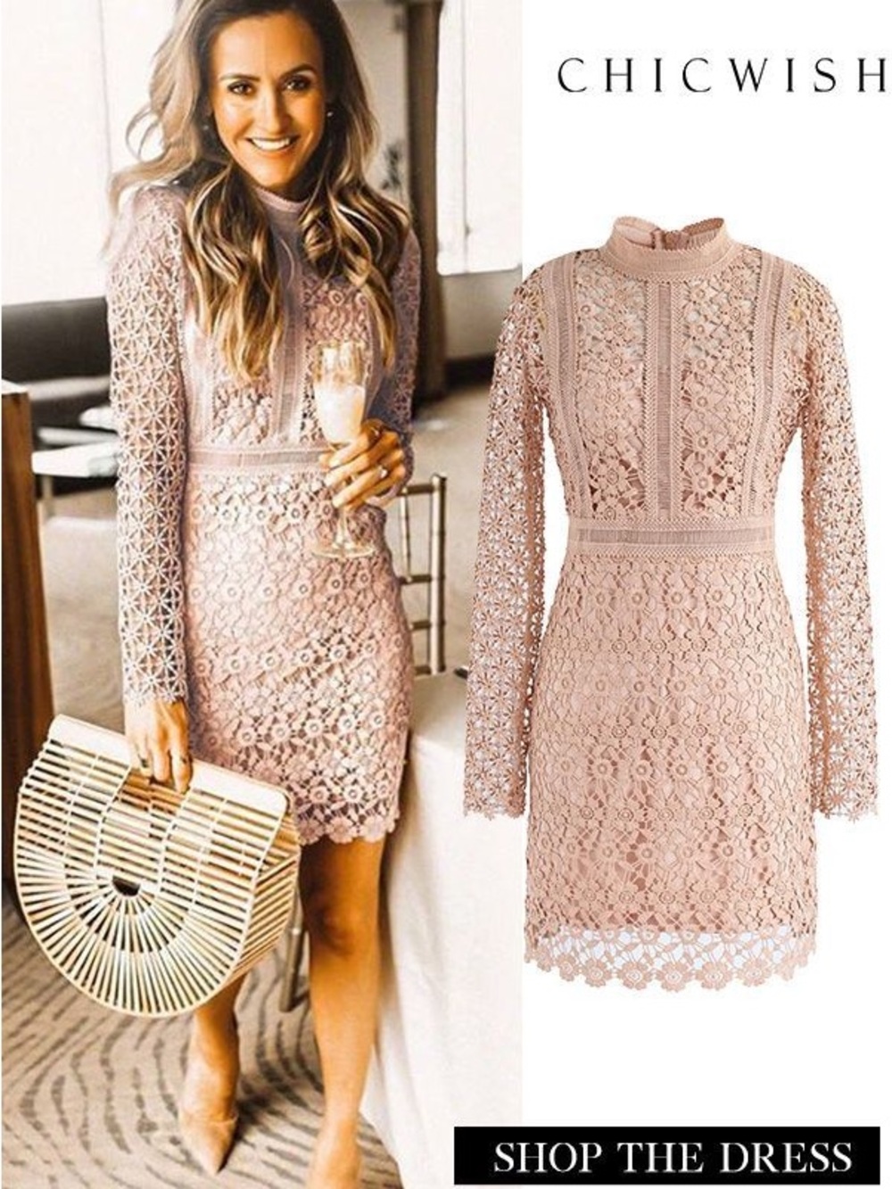Chicwish Floral Chrochet Panneled Shift Dress in Tan